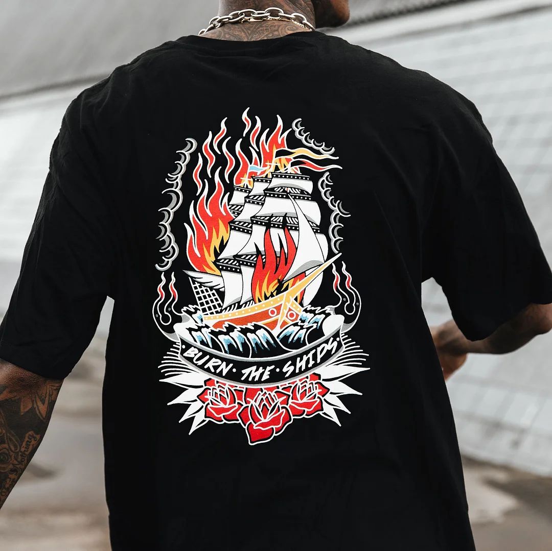 BURN THE SHIPS Fire On the Flower Casual Graphic Black Print T-shirt