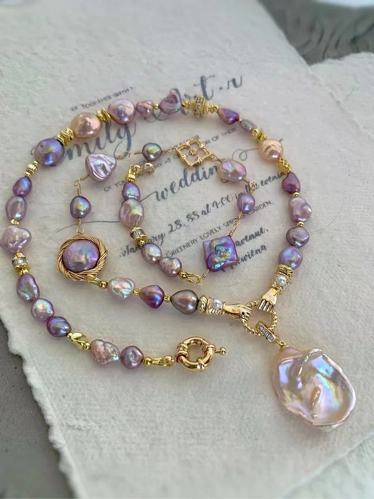 TINA PEARL Colorful Pearl rainbow Design Necklace, purely handmade, unique Baroque style