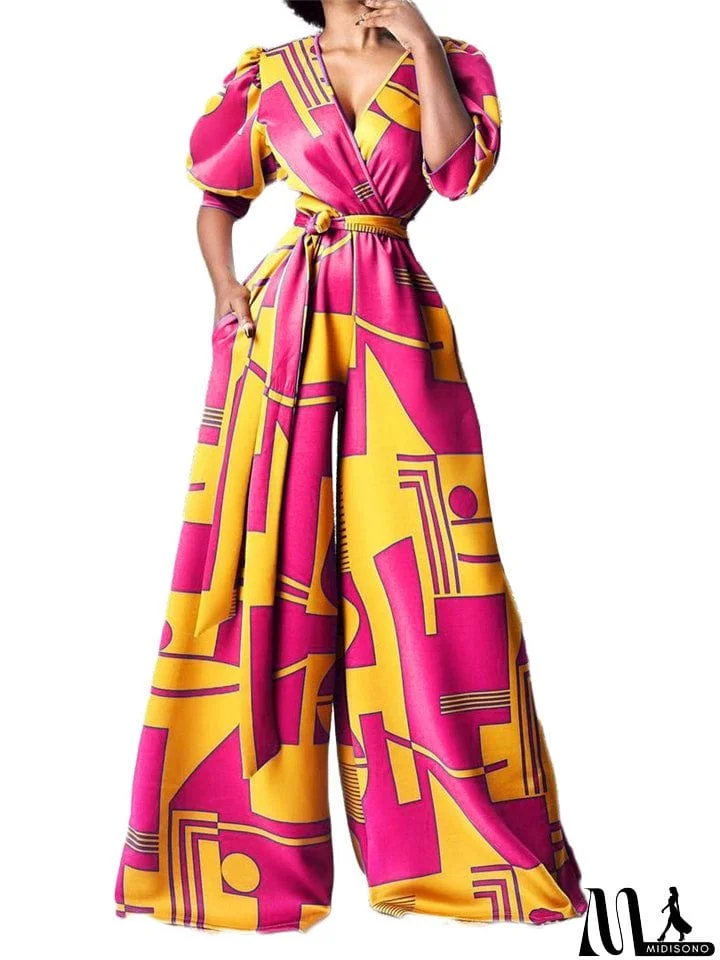 MidiSono - Loose Fit Wrap V Neck Short Sleeve Waist Tie Fastening Wide-Leg Full-Length Jumpsuit