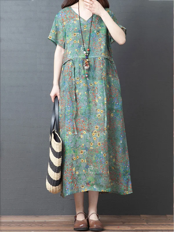 Original Lapel Frenum V-Neck Print Midi Dress