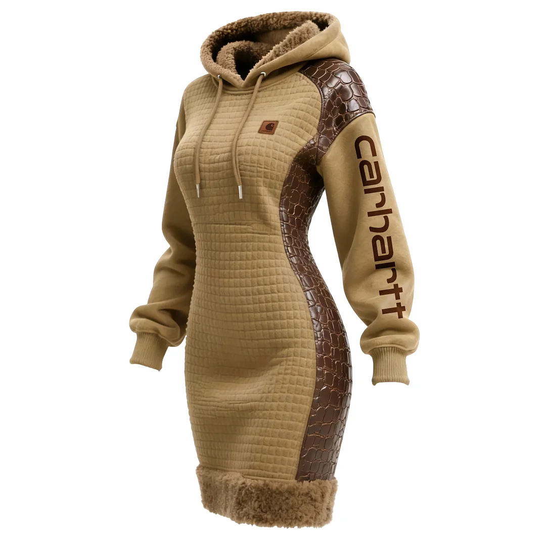 Women's Contrast Color Stitching Suede Lambswool Lapel Hooded Long Sweatshirt