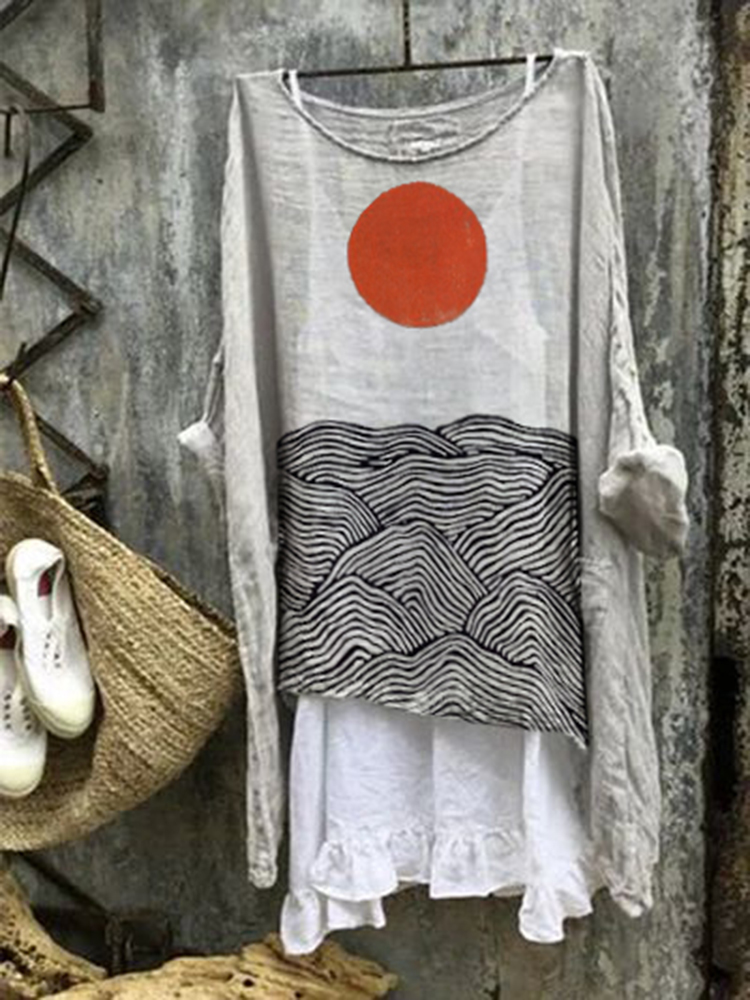 Vintage Japanese Art Sunrise And Sea Cotton Linen Round Neck Casual Shirt