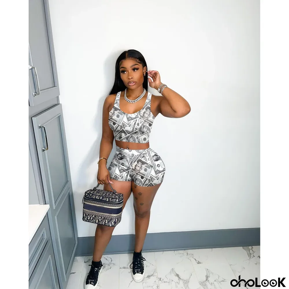 Ladies Fashion Sexy Pop Prints Tank Top Shorts Two-Piece Set