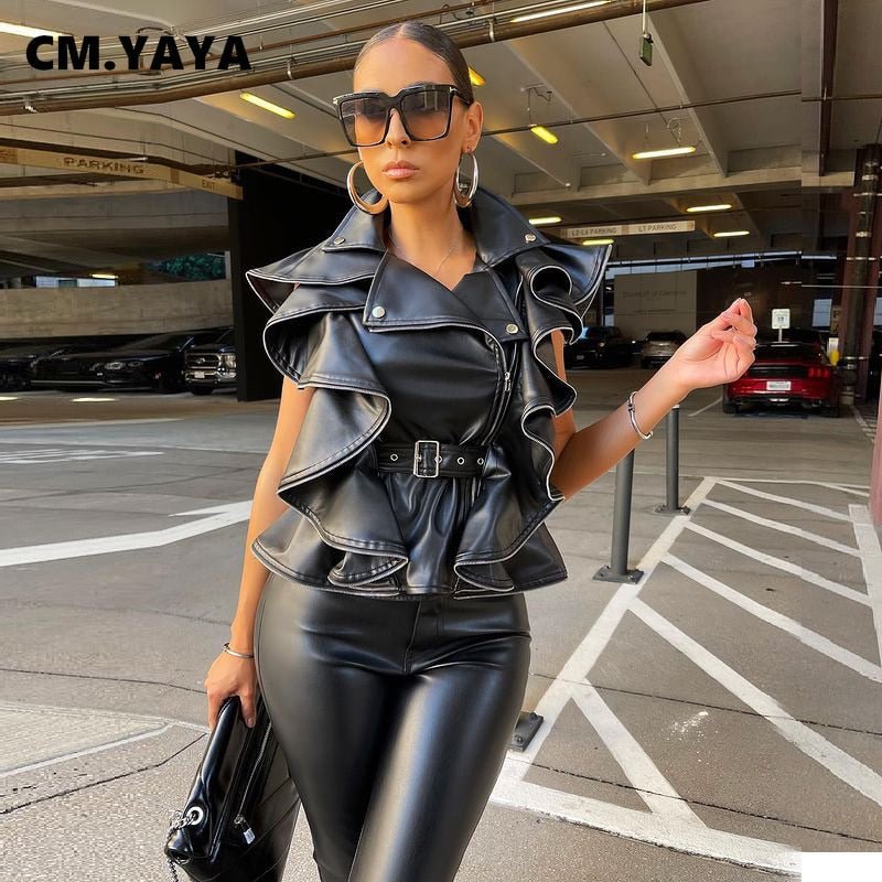 CM.YAYA Women Faux Leather Ruffles Flare Moto Biker Style PU Leather Jacket Outcoat