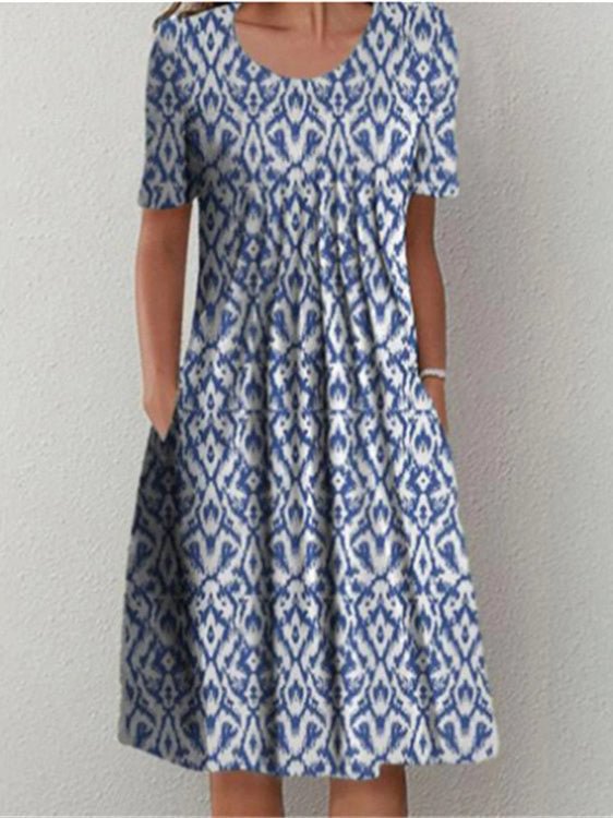Women Short Sleeve Scoop Neck Printed Graphic Midi Dress