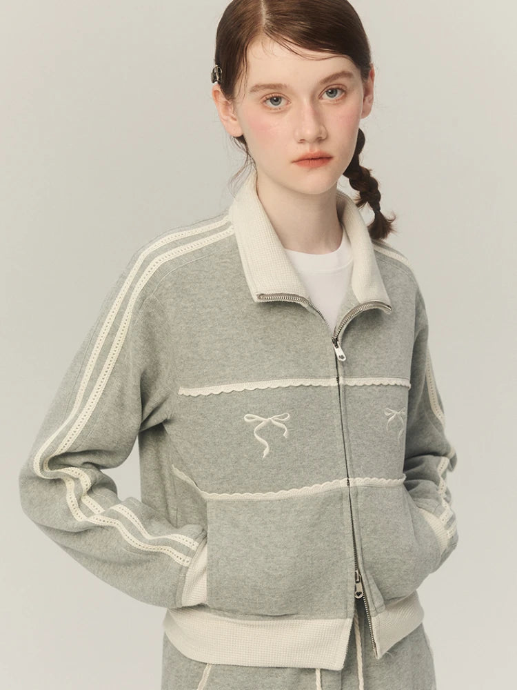 OLCooL 2024 Fall Fashion American Retro Lace Embroidery Zip Up Hoodie Bow Graphic Stand Collar Sweatshirt Causal Track Cardigan Kpop Clothes Chic olcool