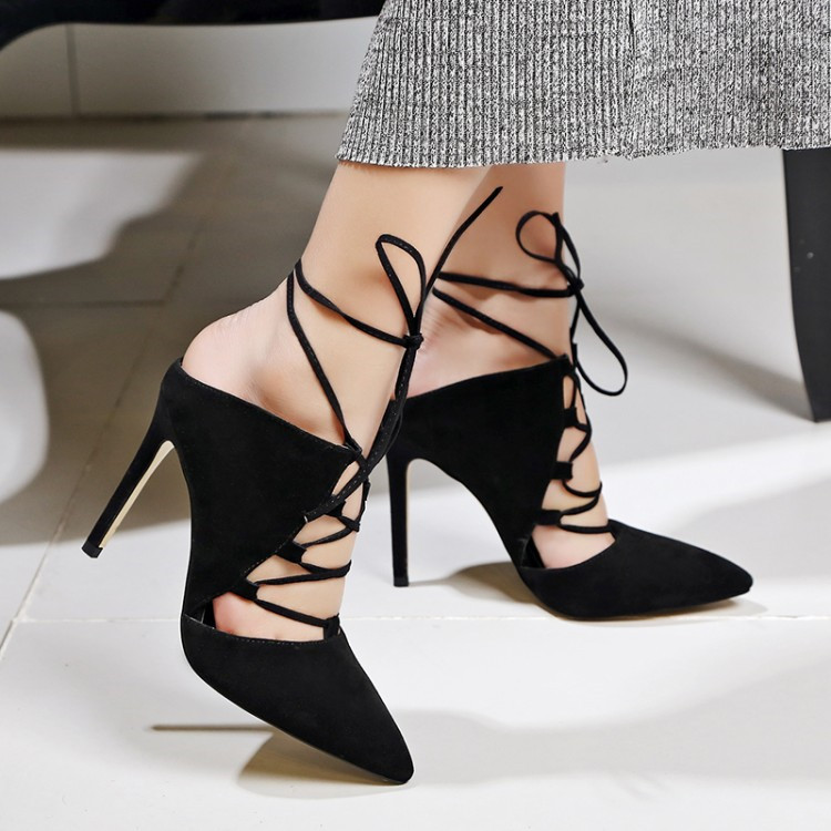 GOOSHOE Lace-Up Strappy Suede Pointed Toe Stiletto Pumps in Black.