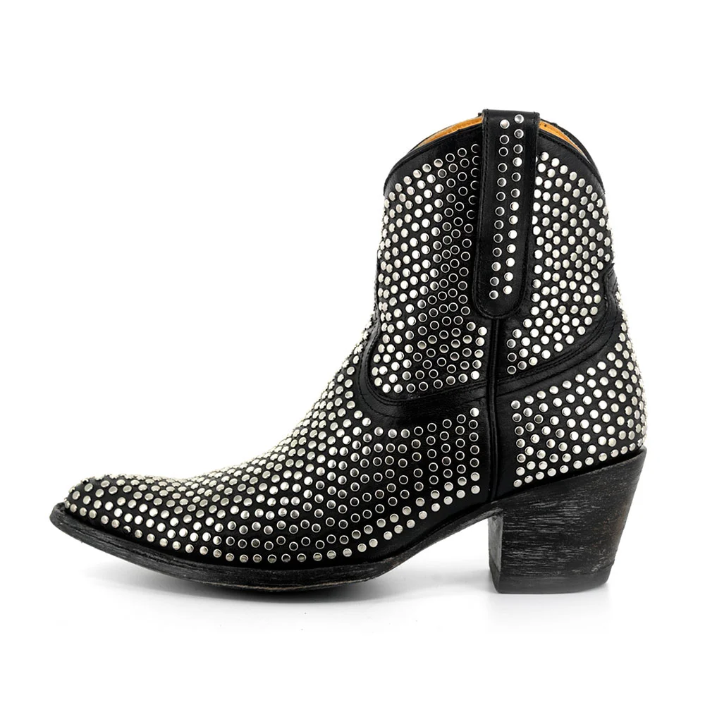 Black Pointed Toe Studded Western Boots for Women with Zipper