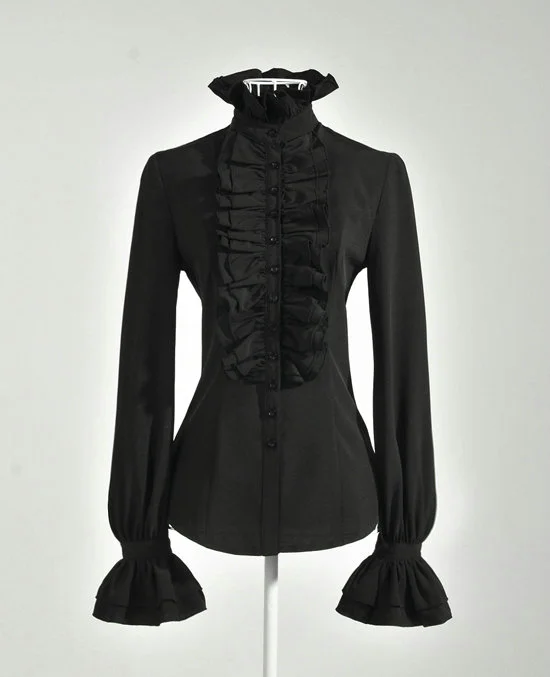 Gothic Women Shirt Long Sleeve Ruffles Pleated  Stand Collar Top Novameme