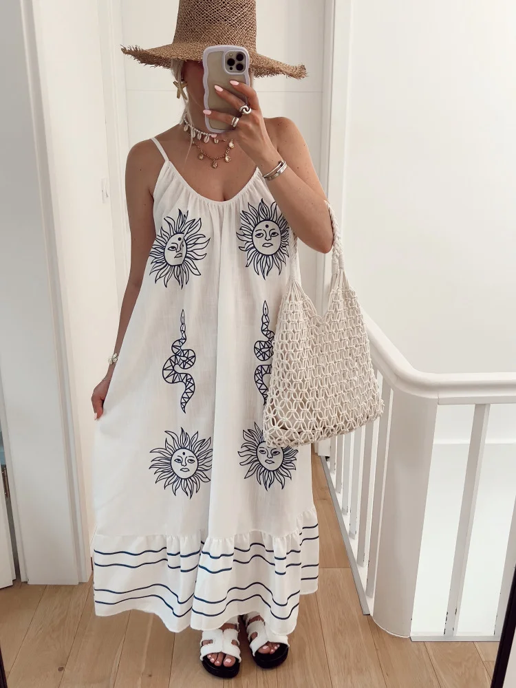 Fitvitalsupplement 2025 Summer Casual Print Sling Dress Women Fashion O-neck Sleeveless Loose Hem Vestidos Female Beach Vocation Long Dresses