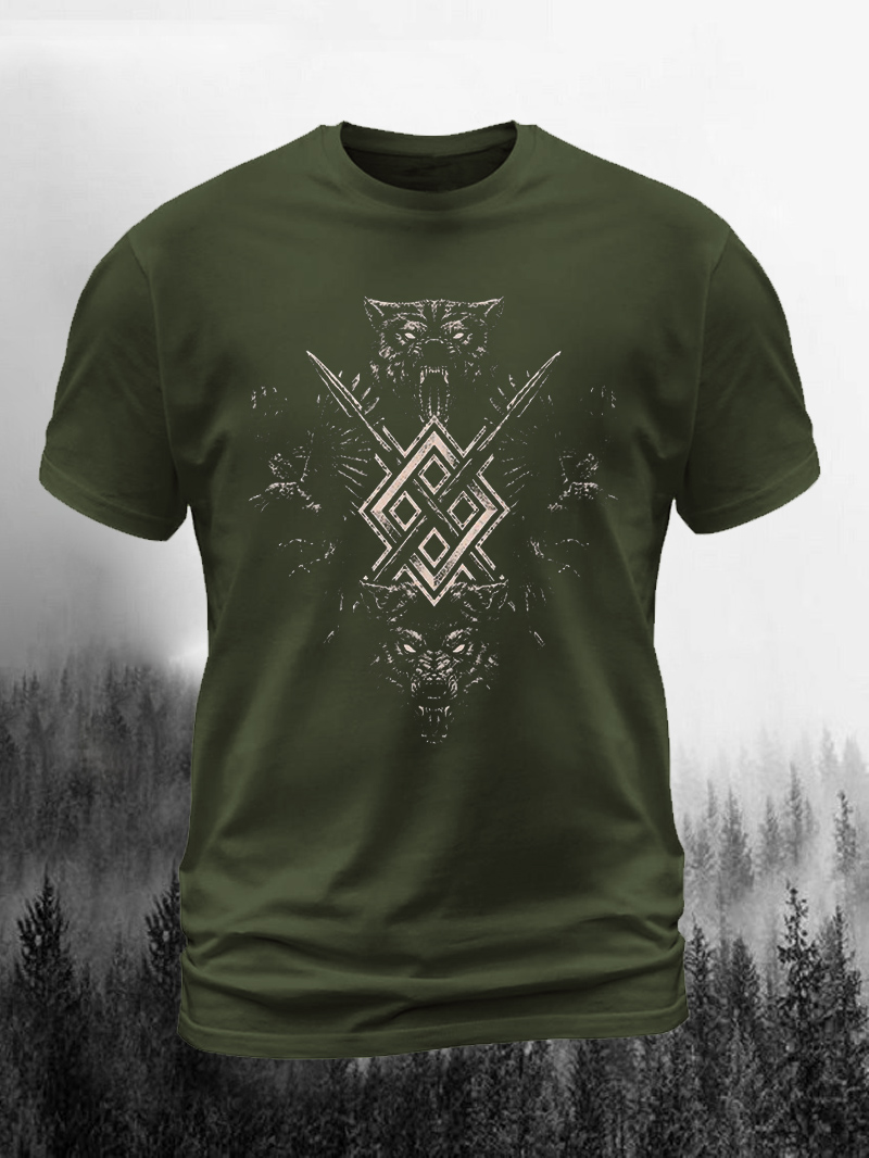 Nordic Viking Wolf Raven of Odin with Pagan Gungnir Symbol Print Short Sleeve Men's T-Shirt