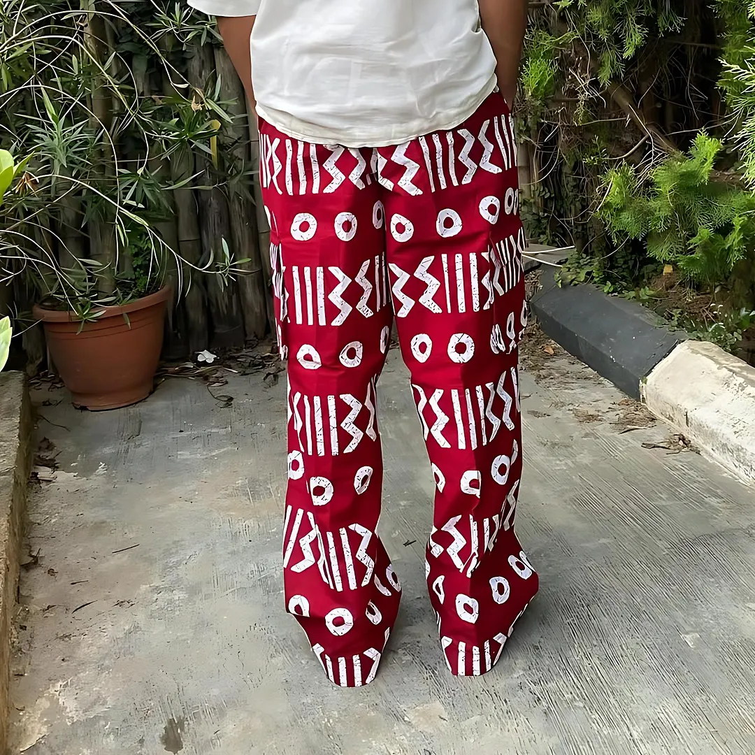 Red Patterned Wide-Leg Pants With White Graphic Design-INSPIREUSE
