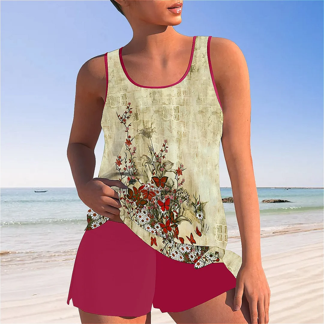 Bowknot Floral,Red,Beige,Gray Mid Waisted Tankini Set - Plus Size Available