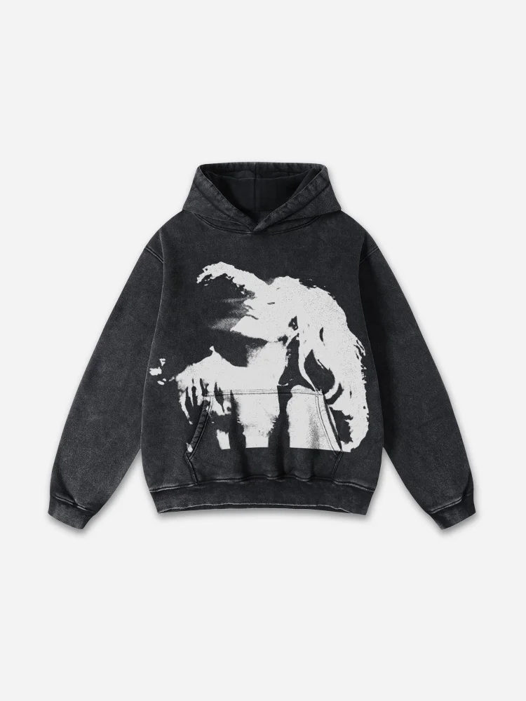 Loveciss Relaxed Vintage Graphic Face Casual Street Washed Hoodie