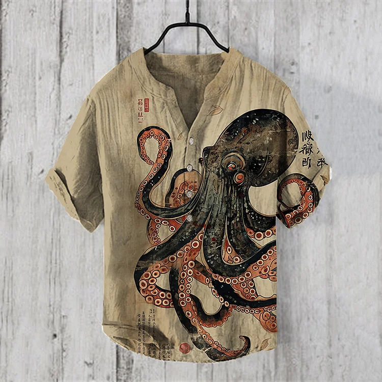 Japanese Art Octopus Print V-Neck Short Sleeved Shirt
