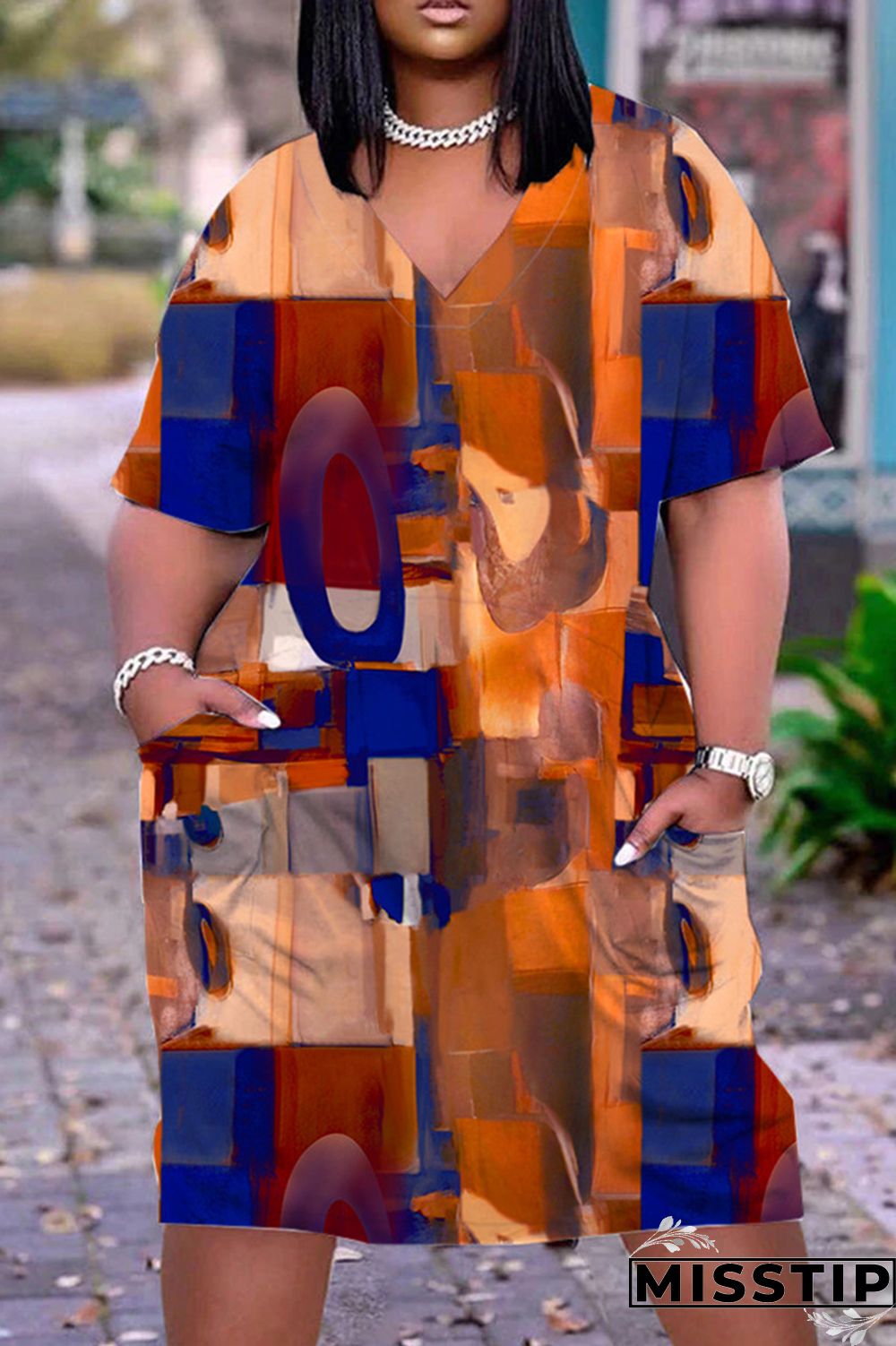 Black Orange Casual Print Basic V Neck Short Sleeve Dress