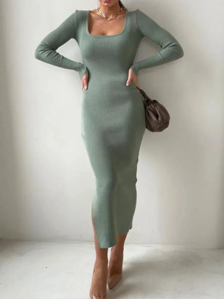 Oocharger White Scoop Neck Knit Dress Female Basic High Split Autumn Solid Elegant Ribbed Party Dress Patchwork Long Sleeve Dress