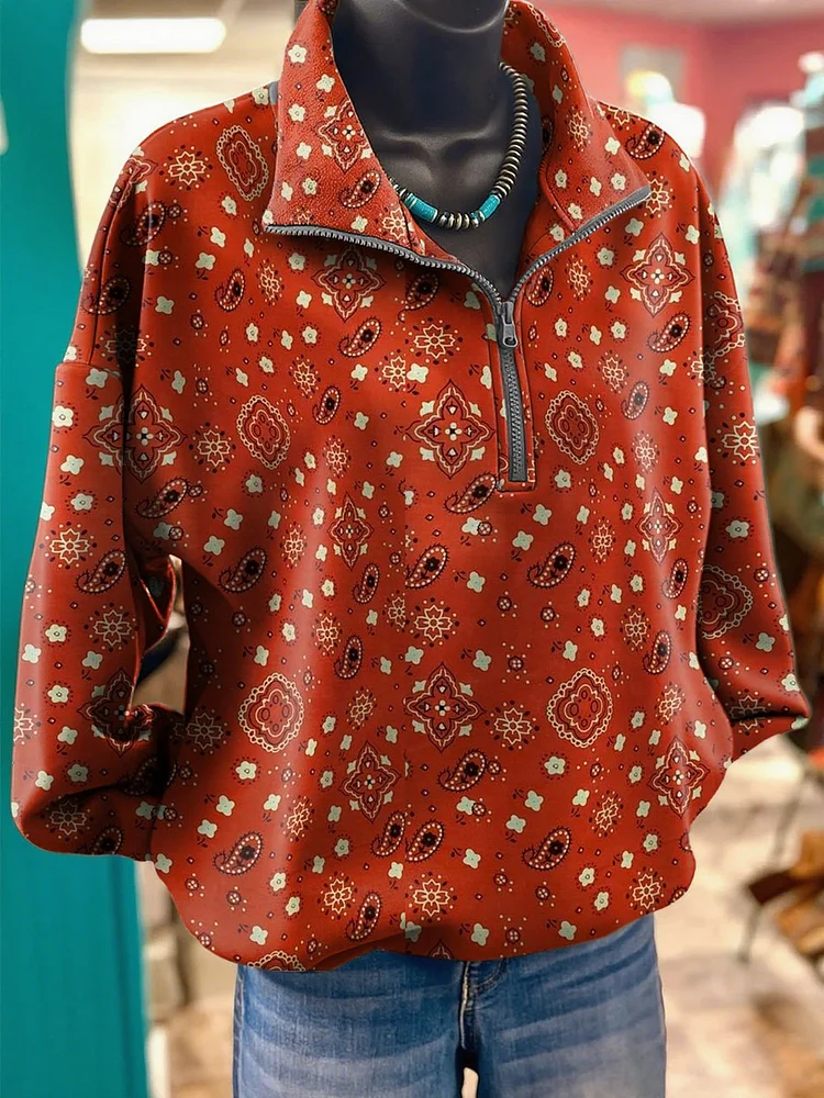 Women's lapel retro casual western print sweatshirt 