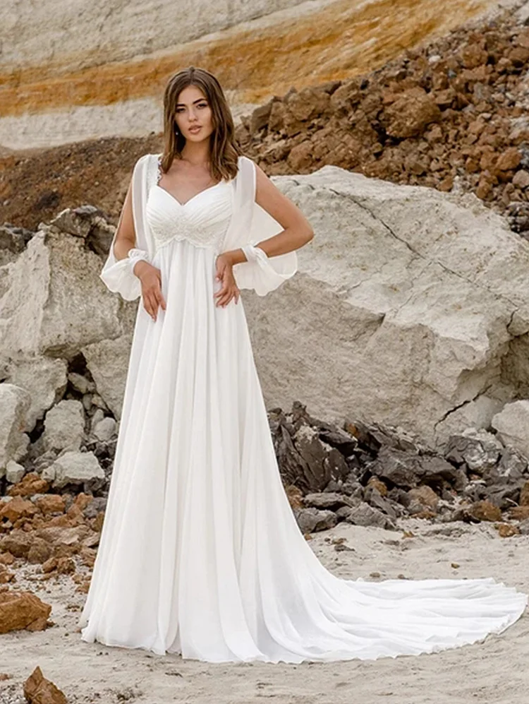 Women's Chiffon Beach Wedding Dresses for Bride 2022 with Sleeves Long Bridal Gown