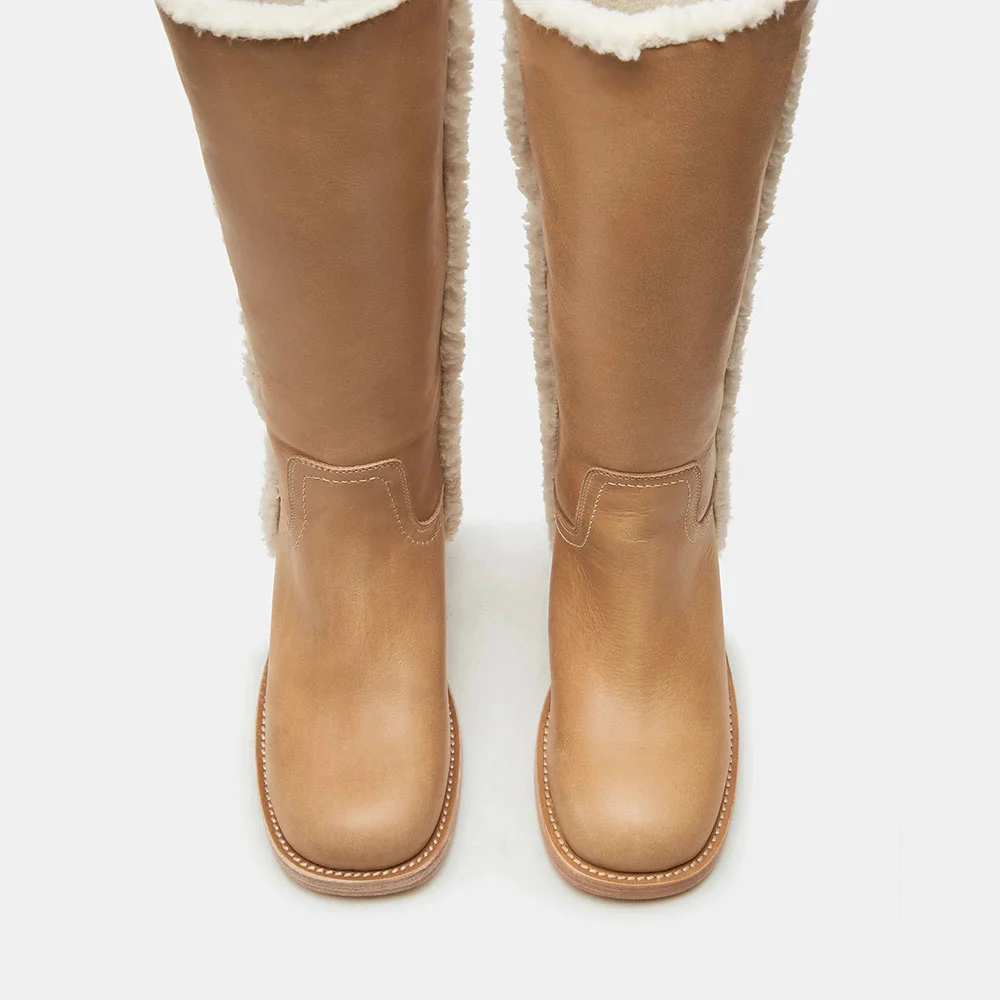 Tan Round Toe Furry Edge Slip On Knee-High Heel Boots for Women