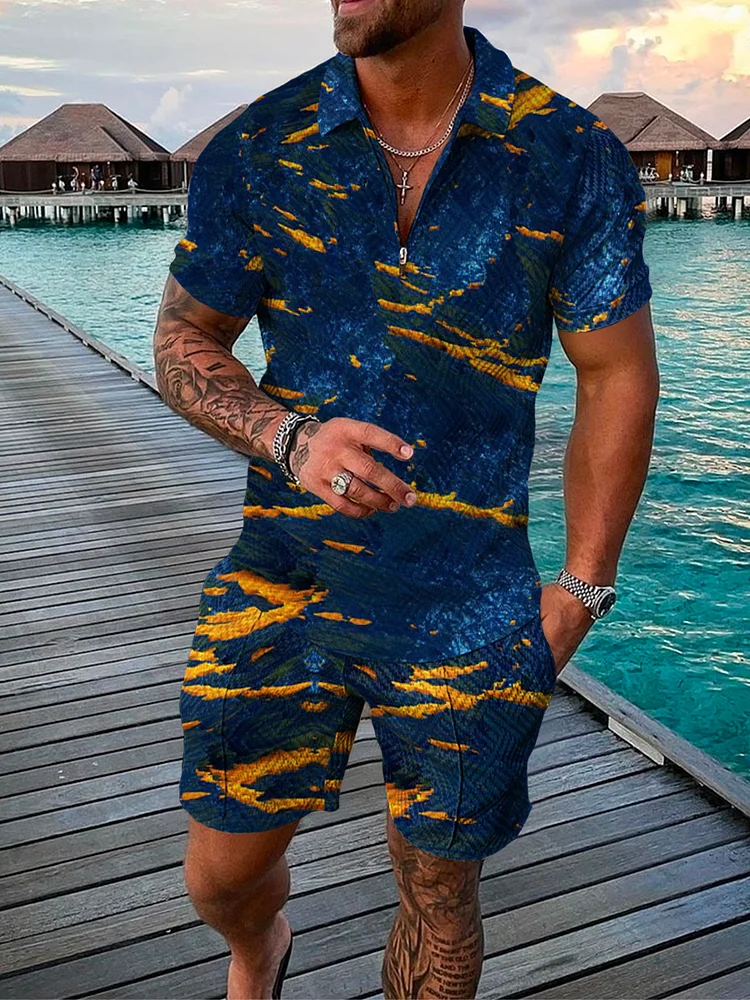 Men's Gilding Blue Printed Polo Suit