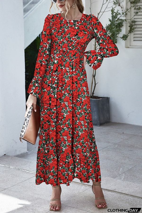 Retro polka dot print long-sleeved one-piece dress