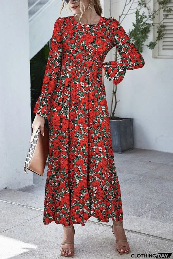 Retro polka dot print long-sleeved one-piece dress