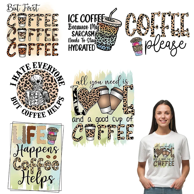 6 Sheets Coffee Iron on Patches Heat Transfer Vinyl Patch Sticker for T-Shirt