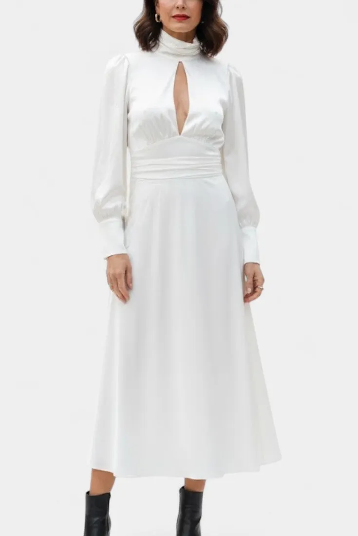 High Neck Satin Midi Dress with Center Cutout
