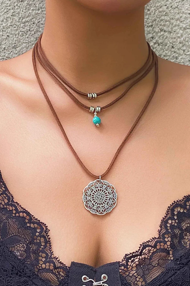 Retro Ethnic Style Turquoise Flower Plate Necklace
