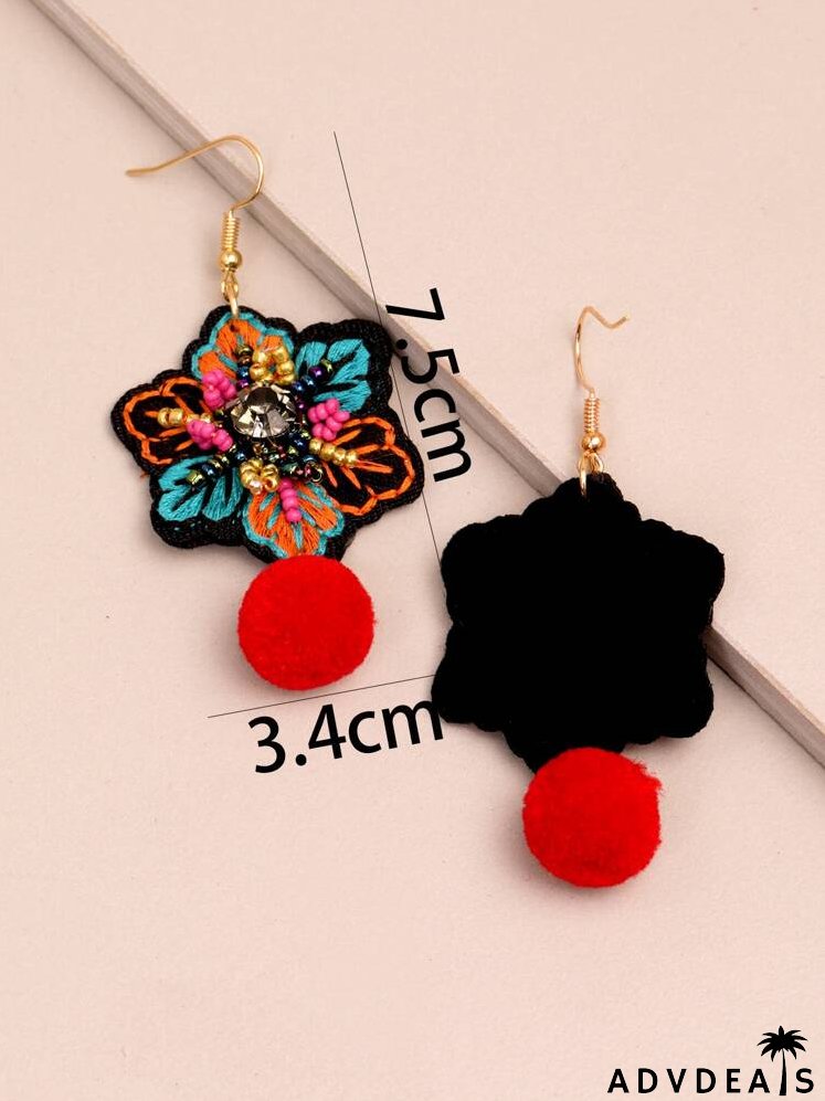 Embroidered Flower & Pom Pom Drop Earrings