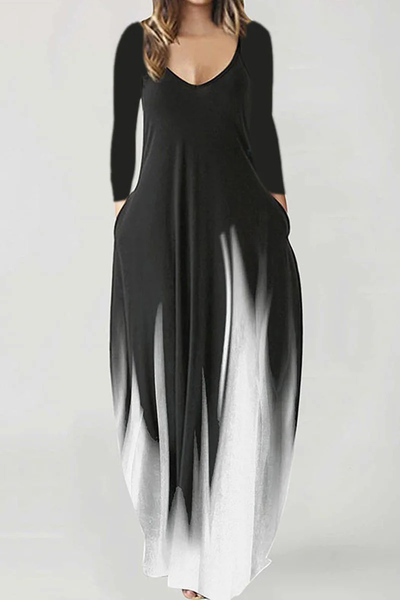 Fashion Casual Print Basic V Neck Long Sleeve Dresses