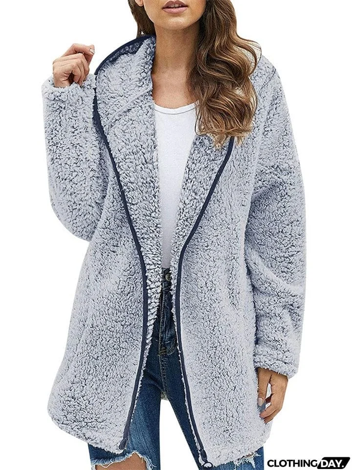Ladies Casual Solid Color Hooded Plush Fleece Coats