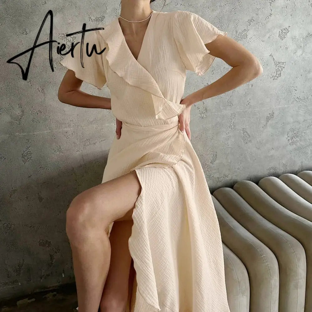 Long Women's Dress Wrap Cotton Robe Nightgown Short Sleeve Woman Dress Ruffled Night Peignoir For Woman Summer Elegant Aiertu