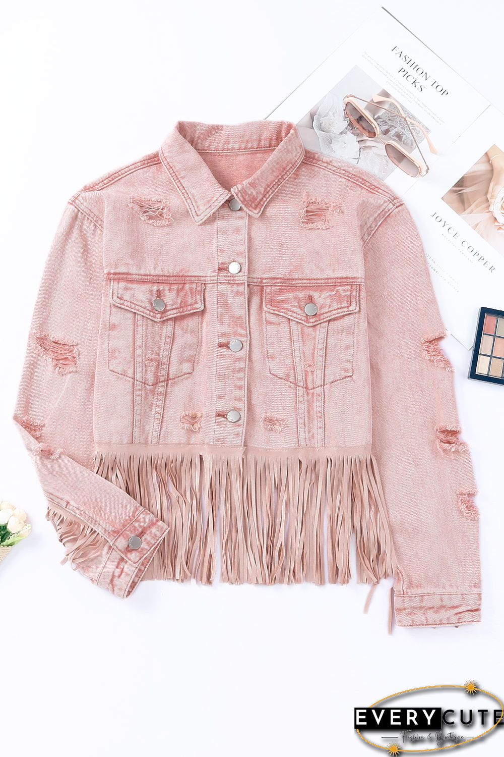 Pink Distressed Fringed Cropped Denim Jacket