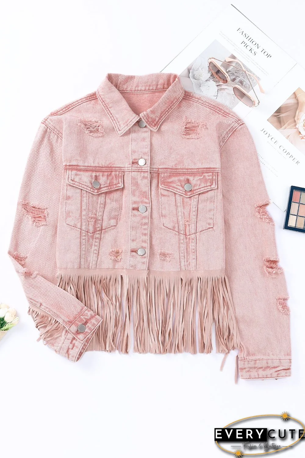Pink Distressed Fringed Cropped Denim Jacket