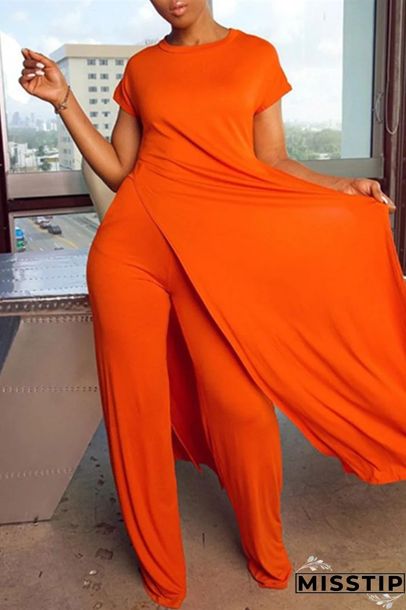 Fashion Casual Short Sleeve O Neck Regular Sleeve X Long Solid Two Pieces
