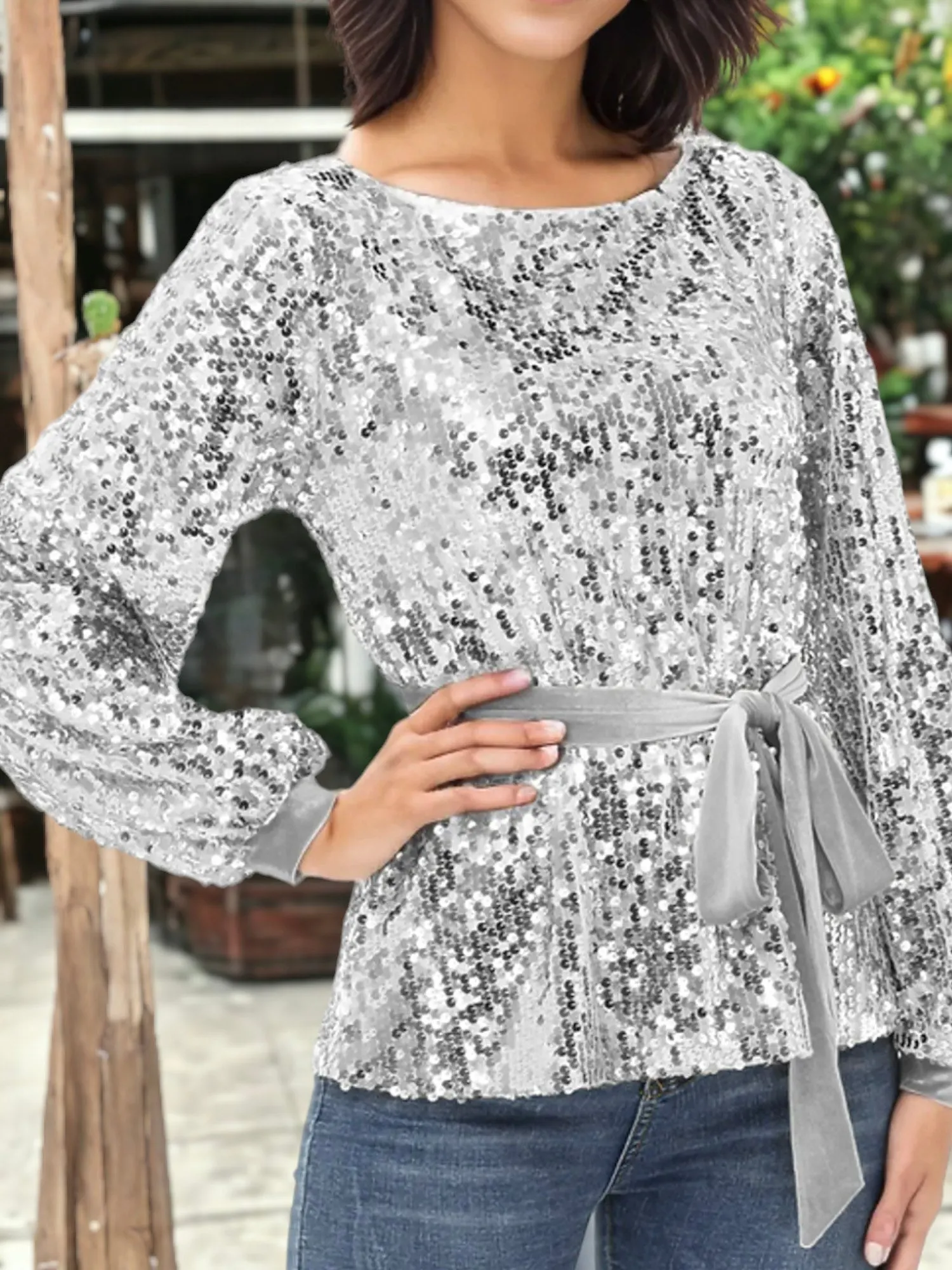 Sequin Party Tie Waist Sweatshirt Pullover Top