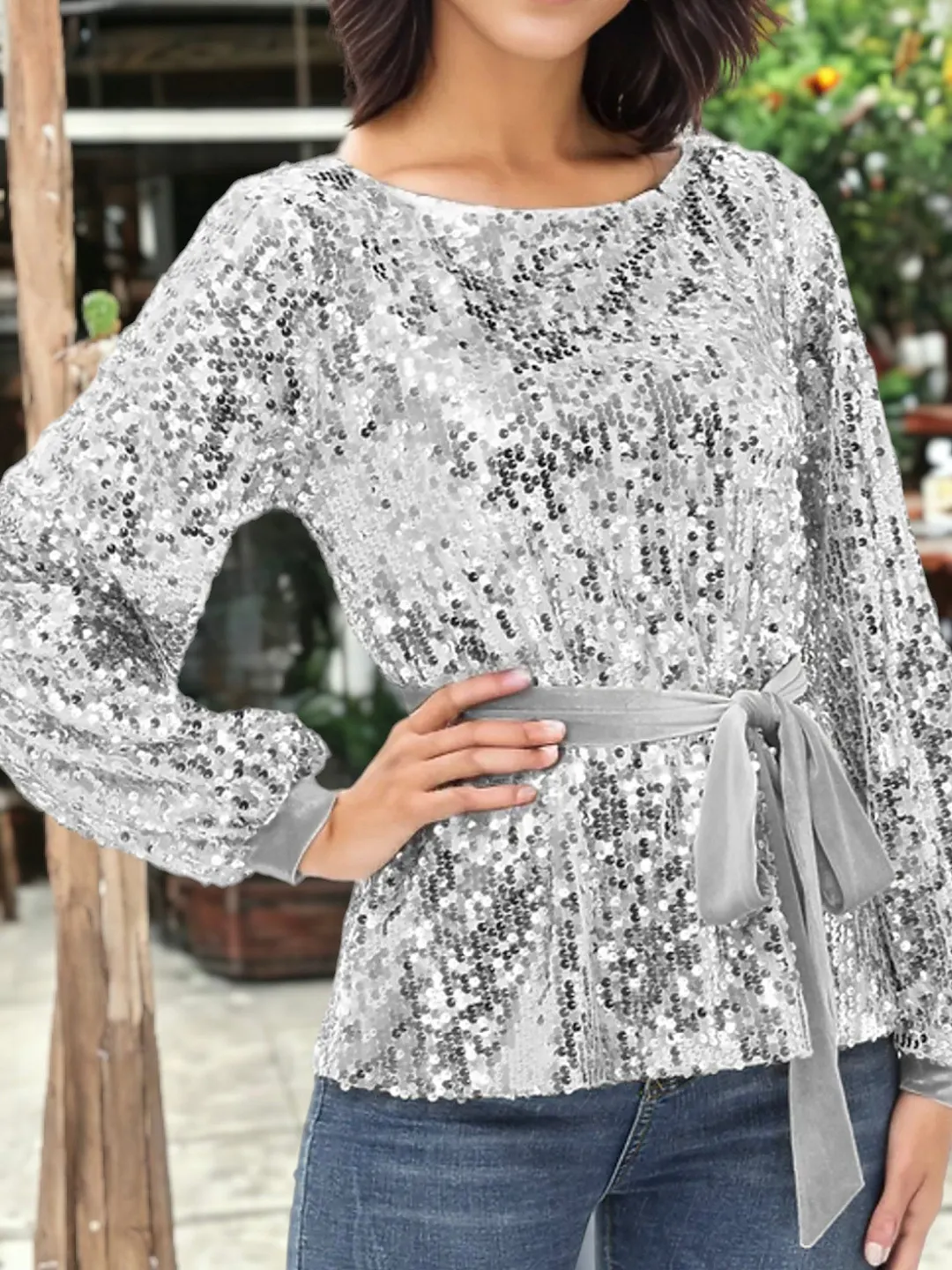 Sequin Party Tie Waist Sweatshirt Pullover Top