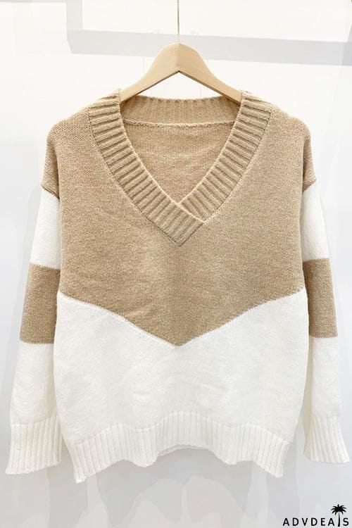 Color Block V Neck Swater