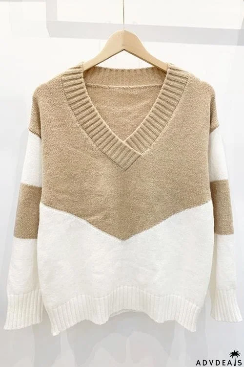 Color Block V Neck Swater