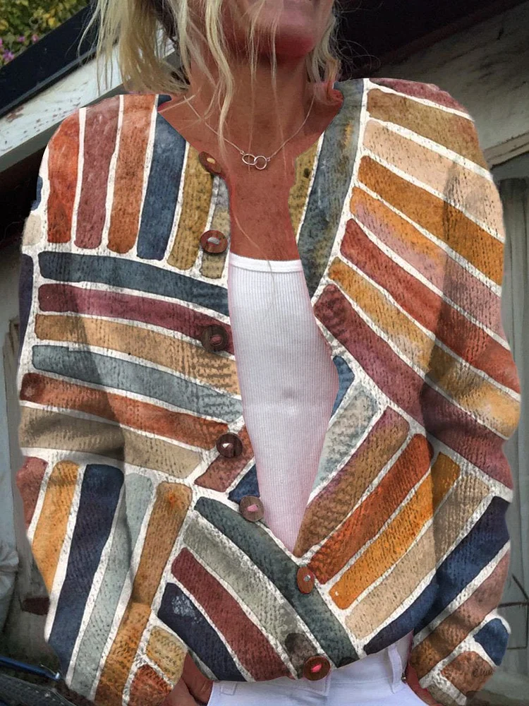 Watercolor Abstract Geometric Art Printed Buttoned Cardigan Sweater