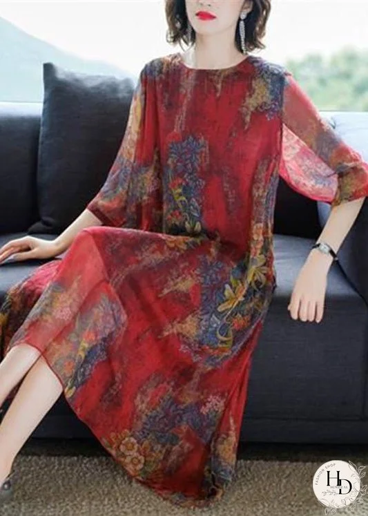 Loose Red O-Neck Print Chiffon Holiday Maxi Dress Summer
