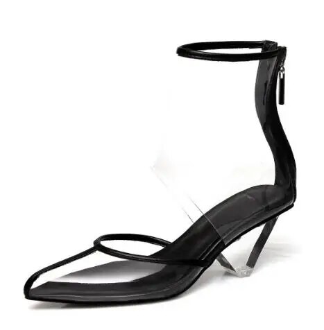 VCSHOES Hot Women Black White PVC Transparent Spike Heels Pointed Toe Hollow Zipper Back Ankle Boots Lady Shallow Party Sandals Shoes