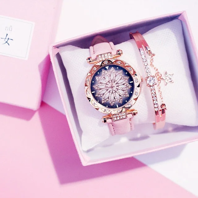 2022 Women Watches Set Starry Sky Ladies Bracelet Watch Casual Leather Sports Quartz Clock Relogio Feminino