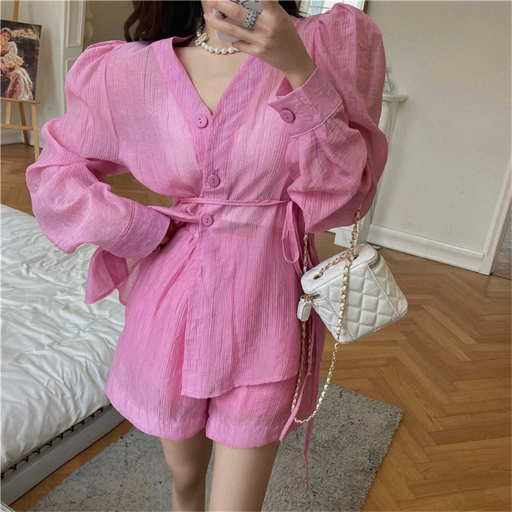 Jangj Alien Kitty Puff Sleeve Sunscreen Women Suits Summer Solid Loose Stylish Shirts Chic Fashion All Match High Street Shorts Sets