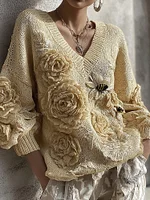 Women's Rose And Bee Knitted Warm V-neck Sweater