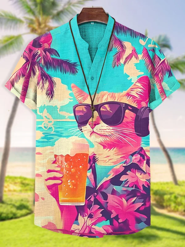 Men's Cat Drinking Beer Art Print Casual V Neck T-Shirt