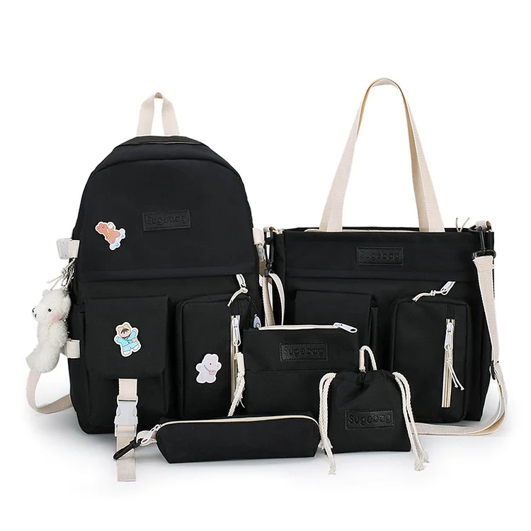 5pcs/set Woman Backpack Fashion Casual School Bags Canvas for Vacations (Black)