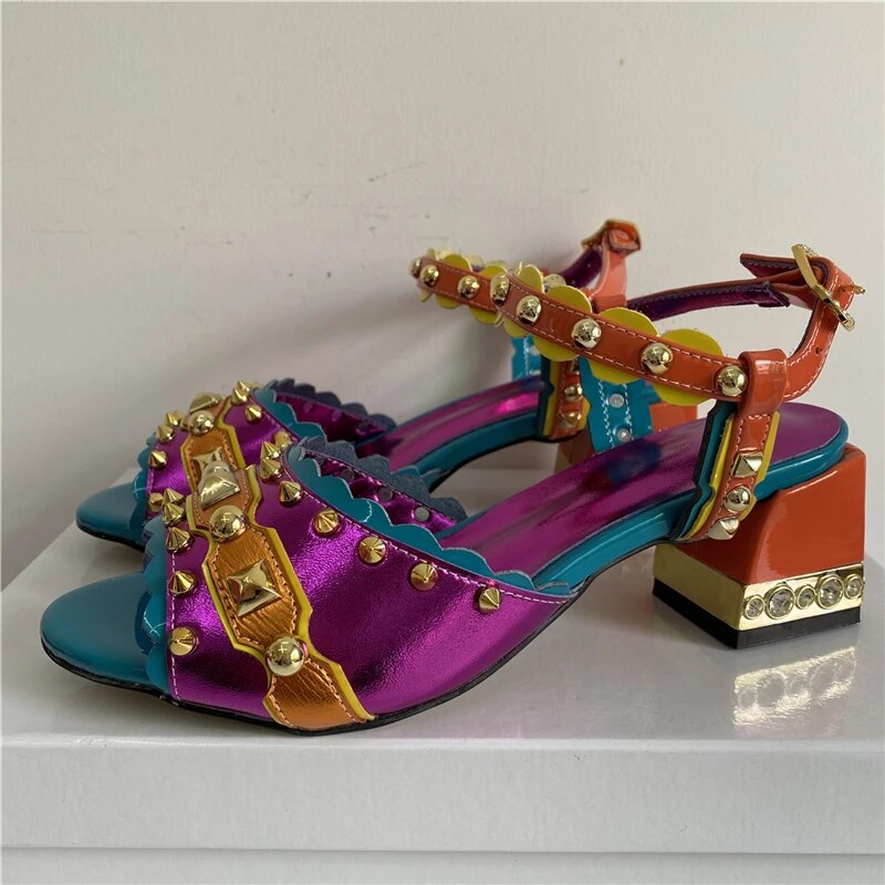 VCSHOES Rivet Embellished Ankle Strap Sandals Women Diamond Rhinestone Square Heel Mixed Color Party Shoes